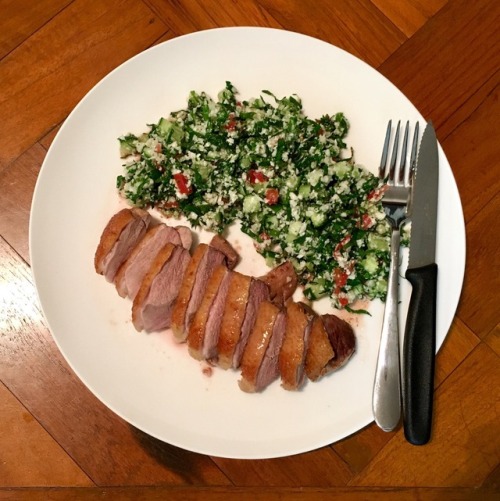 Crispy skin duck breast + cauliflower tabbouleh