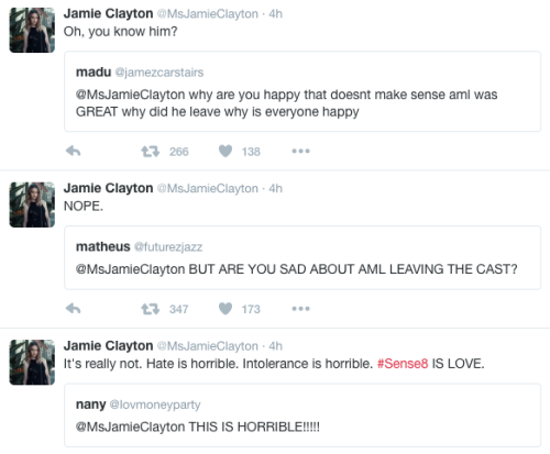 netflixsense8gifs: Jamie Clayton replying to some questions regarding Aml’s departure from the show.