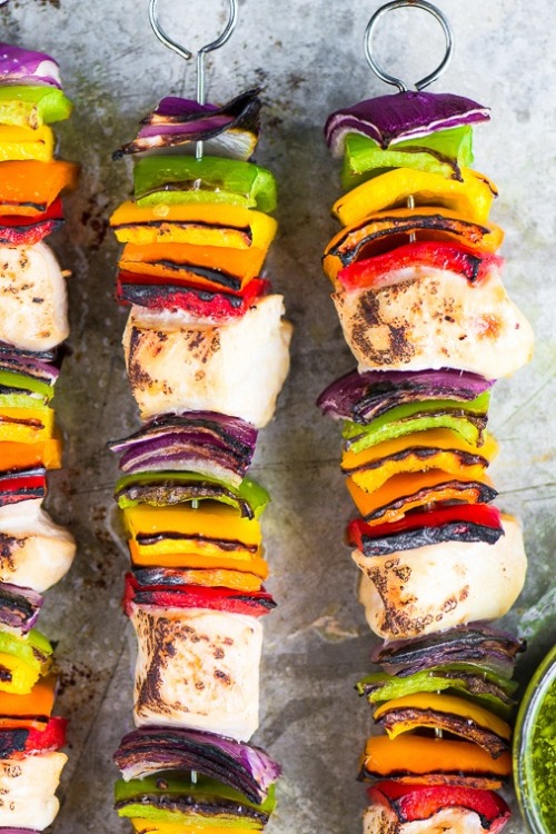 Rainbow Chicken Skewers with Spicy Pesto Sauce Get the recipe