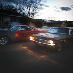 saychevrolet:  Dusk to Dawn: 1965 Chevrolet Impala Sport Coupe and ditto to the side(Image: Instagram user eastloslizzy and slightly enhanced)