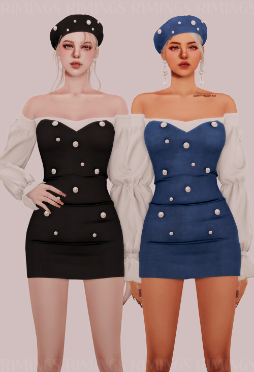 [RIMINGS] Off-shoulder Blouse &amp; Pearl Velvet Dress &amp; Beret - FULL BODY / HAT- NEW MESH- ALL 