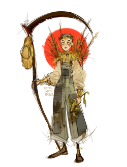 rhymewithrachel:  concept for my dnd character, Sparrow!!! she’s a summer priestess who is slowly turning entirely to straw