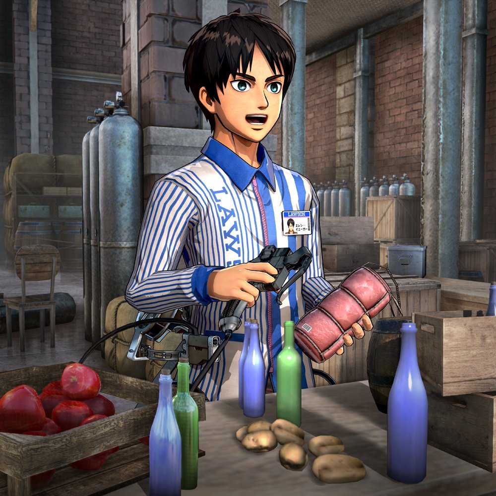 Eren &amp; Levi in LAWSON staff uniforms(KOEI TECMO Shingeki no Kyojin &amp;
