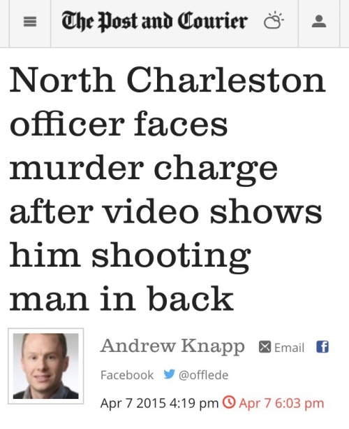 taliabobalia:  A North Charleston police officer was arrested on a murder charge Tuesday after video surfaced of the lawman shooting eight times at 50-year-old Walter Scott as he ran away.  “When you make a bad decision, don’t care if you’re behind