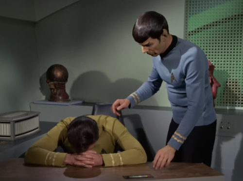 shylocks:there’s romantic music playing as spock mind melds with him. i wonder what this all m