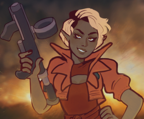 mothgeist:girls just wanna have Guns[image description: a drawing of Lup, a dark-complexioned elf wi