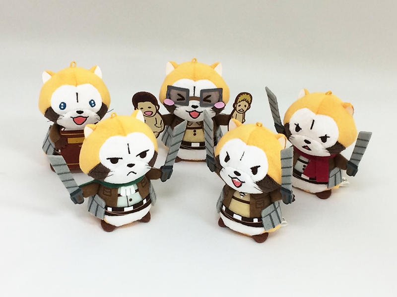 Raccoon plush mascots of Hanji, Levi, Armin, Mikasa, and Eren from the Shingeki