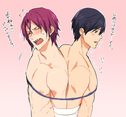 ebe-bee:  makiavelika:    Art by ook    Haru: this tight feeling is…good *wriggle* Rin: It’s not!! stop wriggling!  