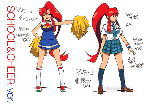 grimphantom:  artbooksnat:  Yoko had seven wardrobe changes (not including her original costume) in the 5-minute Tengen Toppa Gurren Lagann (天元突破グレンラガン) S.t.a.r.S. music video. Character designer Atsushi Nishigori (錦織敦史) created