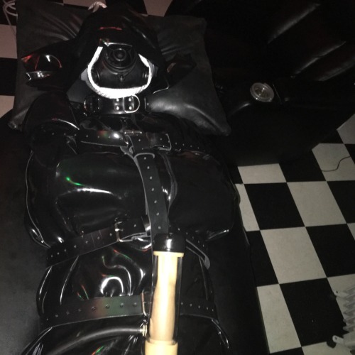 rubberelectropoppers:  Gimp in catsuit and gloves, then rubber straitjacket, and placed inrubber sleepsack. Strapped down, fed poppers, and Venus milked which produced 2 samples in 15 minutes. 