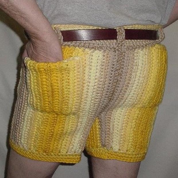 randomitemdrop:Item: pair of yellow crocheted men’s shorts, mid-thigh ...