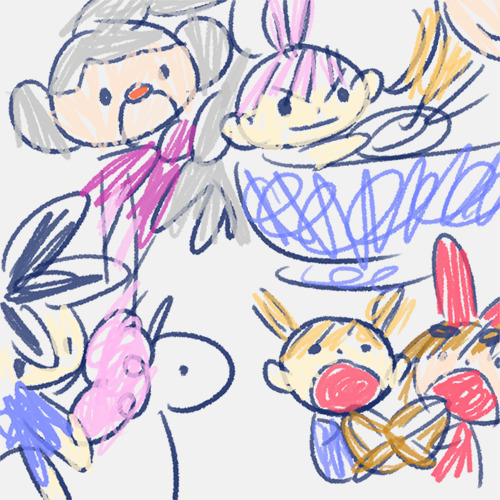 A drawing of WarioWare characters at the amusement park. From the upper left corner, Master Mantis is hanging out. Going clockwise, Mona and Kat are spinning in a blue tea cup ride. Below those two are Ana and Lulu eating a big pretzel. Next up is Cricket riding a pink horse at a merry go round.