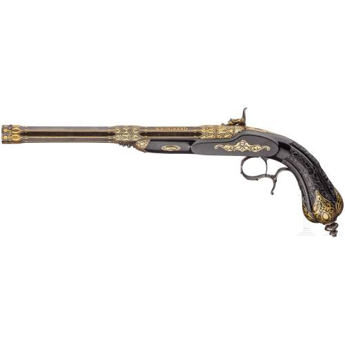 Gold inlaid percussion target pistol crafted by Geeringnx of Paris, circa 1880-1890.from Hermann His