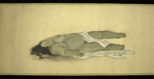 iheartmyart:  Kobayashi Eitaku, Japanese silk handscroll. Circa 1887. “The scroll shows the stages of decompostion of womans body, beginning with her fully clothed body and ending with her bones being eaten by dogs. The subject is an ancient Buddhist