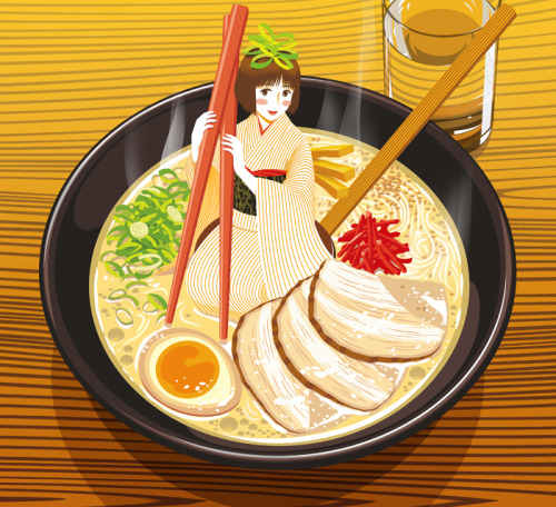 Sushi and noodles, by Rin Sarasara (that&rsquo;s also the artist behind the cute Wagashi fairy p
