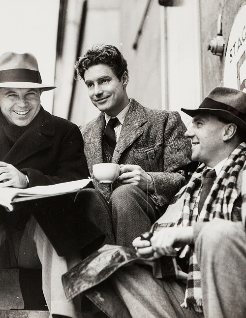 matineemoustache:  King Vidor, Robert Donat and Ralph Richardson outside the Denham sound stage duri