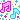 pixel art of a pink and blue music note surrounded by colorful sparkles.