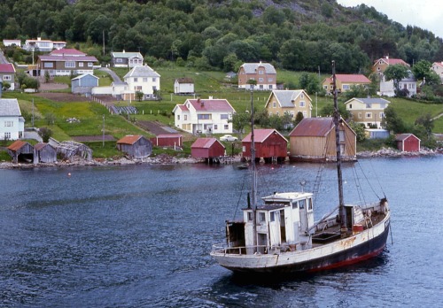 Fiskebåt, naust og hus, Brandal, Hareid øy, Møre og Romsdal, Norge, 1972