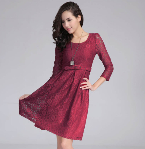 2014 new arrival knee length dress. Long sleeves. Scoop neck. Fabric: lace. Color: Red, Beige, Black