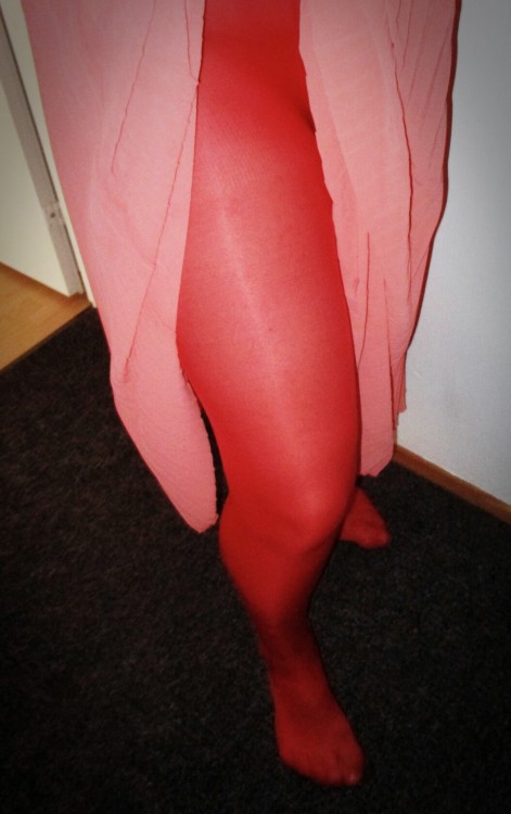 Red opaque pantyhose and pink maxi dress