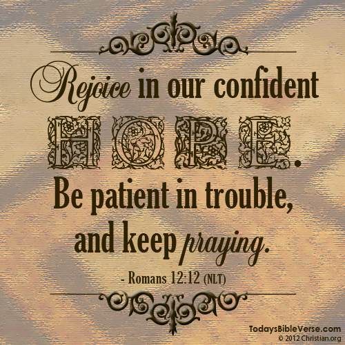 Rejoice in our confident hope. Be patient in trouble, and keep praying. - Romans 12:12
From www.TodaysBibleVerse.com