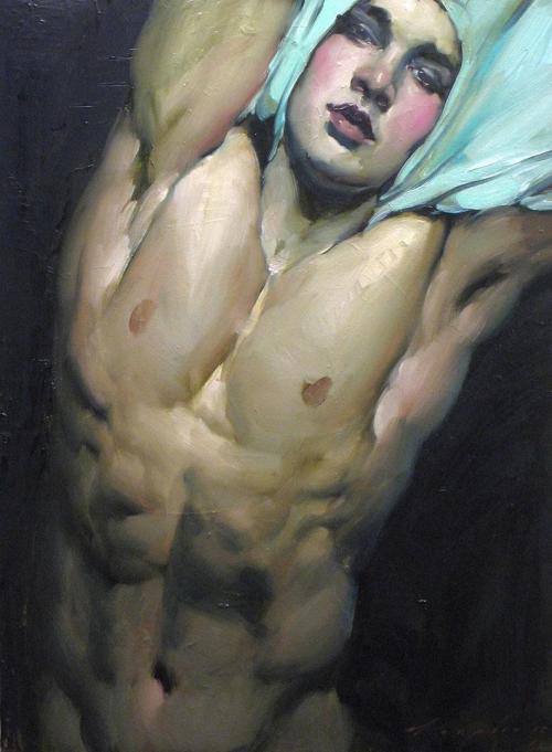likeomfgitsjonny:Malcolm T. Liepke, “Pulling Off His Shirt,” oil on canvas, 18" x 24"