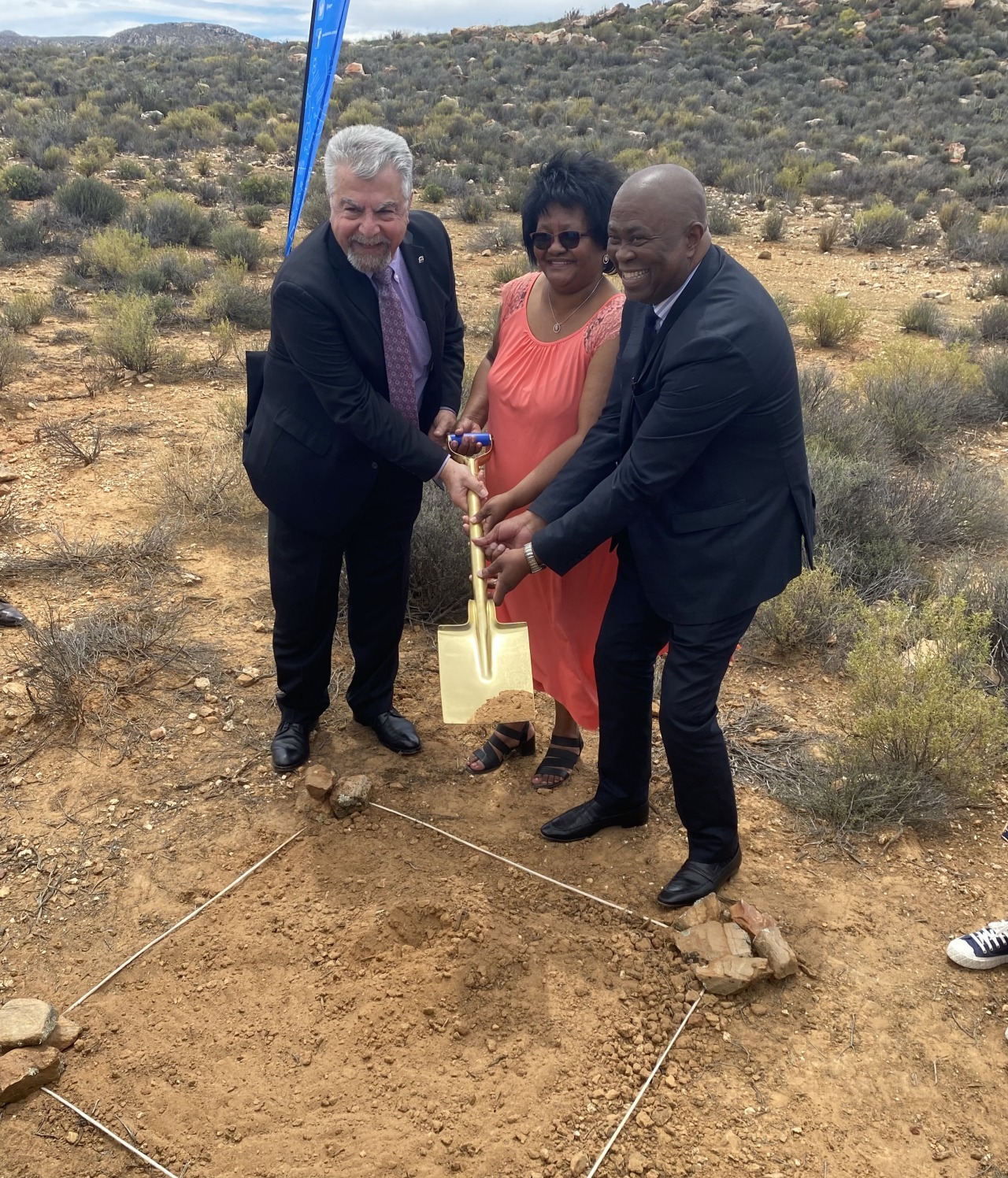 From left, NASA Deputy Associate Administrator and Program Manager for Space Communications and Navigation Badri Younes, Mayor of Laingsburg Johanna Botha, and Director General of South Africa's Department of Science and Innovation Dr. Phil Mjwara break ground at the site of a new Lunar Exploration Ground Sites antenna in Matjiesfontein, South Africa Nov. 8. Credit: NASA/Al Feinberg