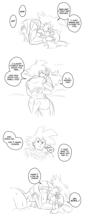   Anonymous said to funsexydragonball: Can you please do some really romantic stuff with Goku and ChiChi? Like him touching her, stroking her hair, kissing her lips, telling her that he loves her? Random f***ing only does does so much. Lovey-dovey romance