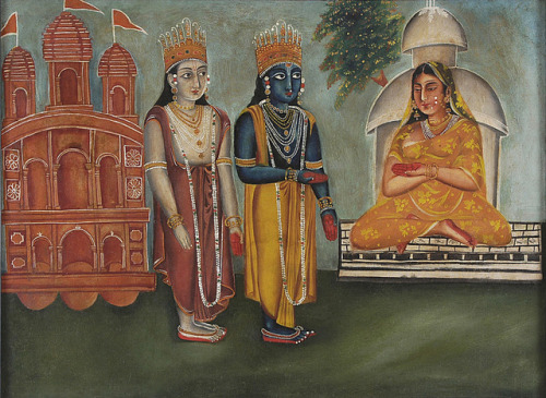 Krishna and Balarama with a woman, I do not recognize who the woman is in the picture or the story, 