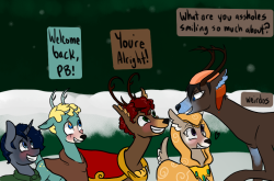 charlie-bad-touch:  &lt;–PreviousThe deer are very happy to see Pricker burr again, but the reaction from everyone is still restrained. One of them is back, but all the rest are still missing, and Pricker Burr didnt bring any news of their location.Its