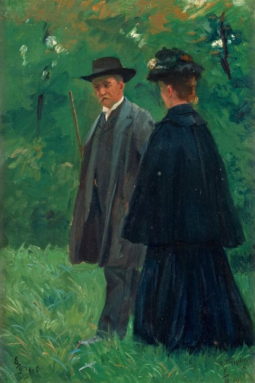Walking in the Park   -   Erik Tryggelin, 1906.Swedish, 1878–1962canvas laid on panel , 35 x 24 cm. 