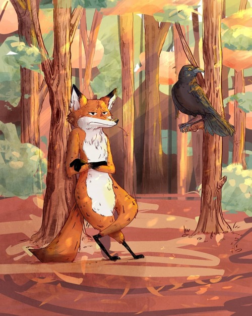 Fox and raven - the detective duo! - #fox #raven #detectiveduo #forest #autumnillustration #foxchara