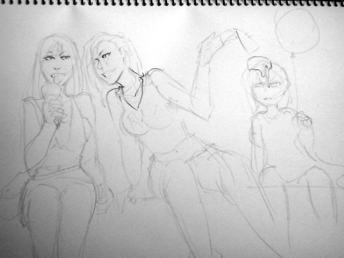 ike365:   ”-Hello darling, how you doin?” The final drawing, with a sexy “hey lady, I melt for you” thanks to Vi’s eyebrows XD, the three ladies and at the end, the sketch I was based on. ^_^ I imagine them in a amusement park, where vi  has