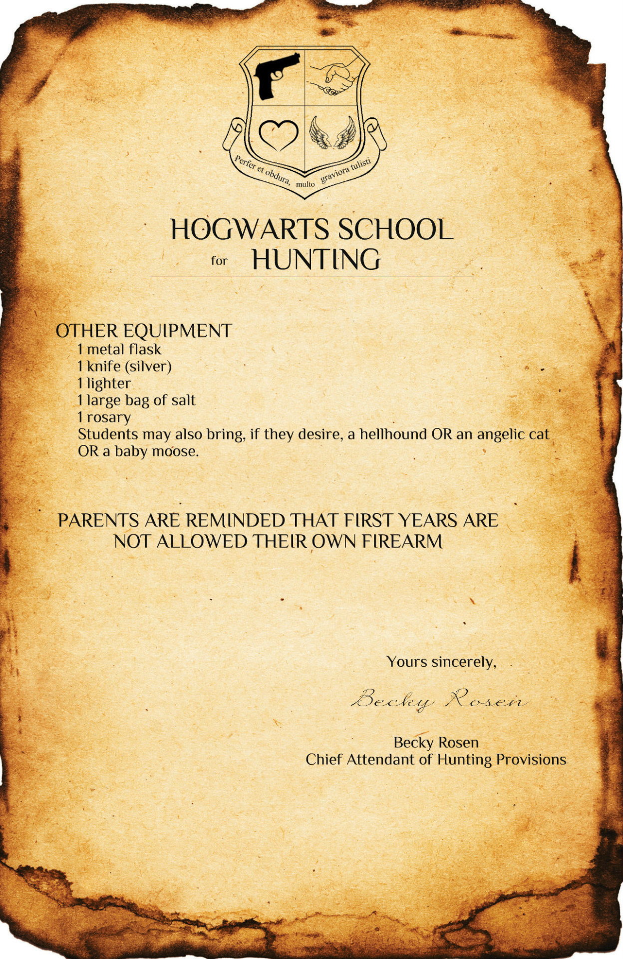 Acceptance Letter to Hogwarts School for Hunting 