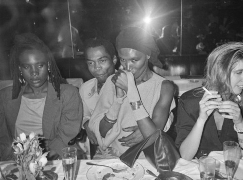 Grace Jones and Fela Kuti photographed by Andy Warhol at Mr. Chow in New York City, June 1986.