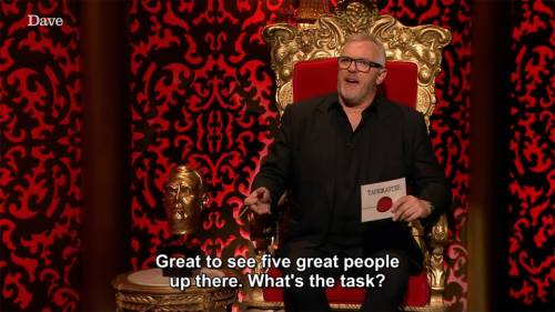 taskmastercaps:[ID: Three screencaps from Taskmaster. Alex Horne and the five contestants stand on t