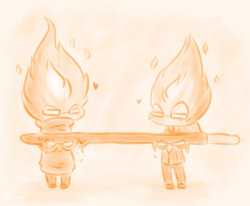 hungrykuroneko:  * They wanted to try the pocky game…* But they were full after only two bites.Pocket!Grillby ; @hand-held-monster