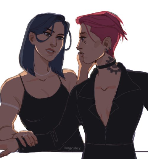 kingcubey: spy wives ⛓️ [Image Description: A digital drawing of a modern version of Caitlyn and Vi 