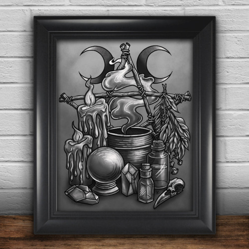 Witch&rsquo;s Altar Black and White Art PrintThis is an art print for original artwork by artist