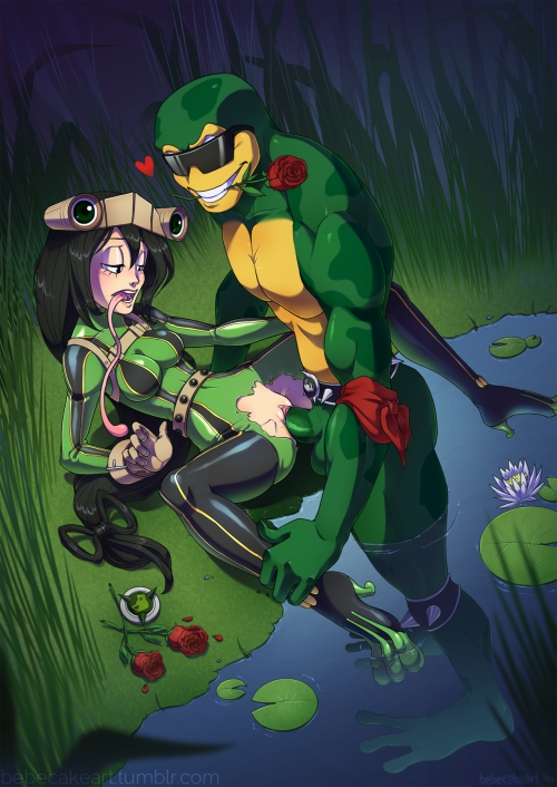 bebecakeart:  commission for @servantesnc​ of Tsuyu Asui and Rash! inspired by this cute image of the two; I suppose she took him up on that offer. ;) provided pose ref really enjoyed working on this, especially the materials!! <33 commission