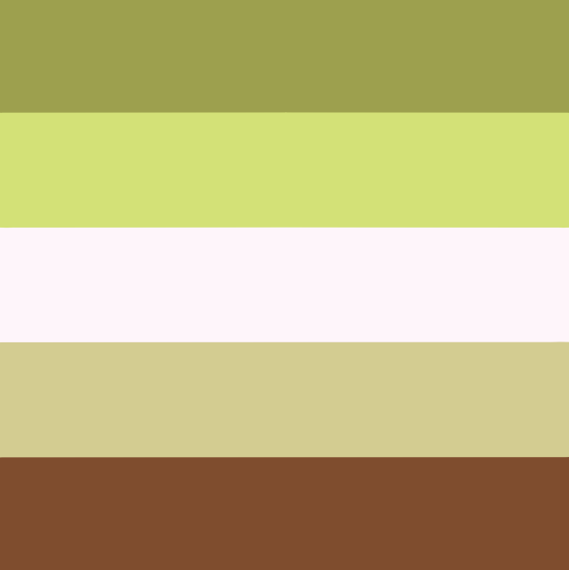 ID: A femme aro flag with 5 stripes that are, from top to bottom, dull green, light green, white, pale yellow-green, and brown. end ID