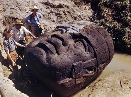 error888:Archaeologists study a colossal Olmec stone head in La Venta, Mexico, 1947. [1900 × 1410 ] : HistoryPorn
