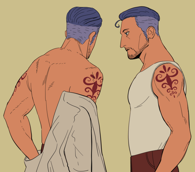 Two side-by-side drawings of Mayor Iceburg from One Piece, a dashing man with lightly tanned skin and purple hair styled into a sideswept undercut (only here it is slicked back). On the left we get a view of his back as he removes his shirt, exposing his toned back. On the right we get a side view of him wearing a singlet and showing off the tattoo on his shoulder. The tattoo is a crest of curlicues adjusted from his canon design.