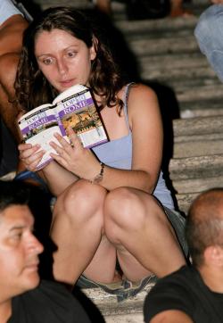 everwatchful:  She’s just reading how tourists have to be careful on the steps of Rome, as there are lots of pervs trying to take pictures up women’s skirts…!!!