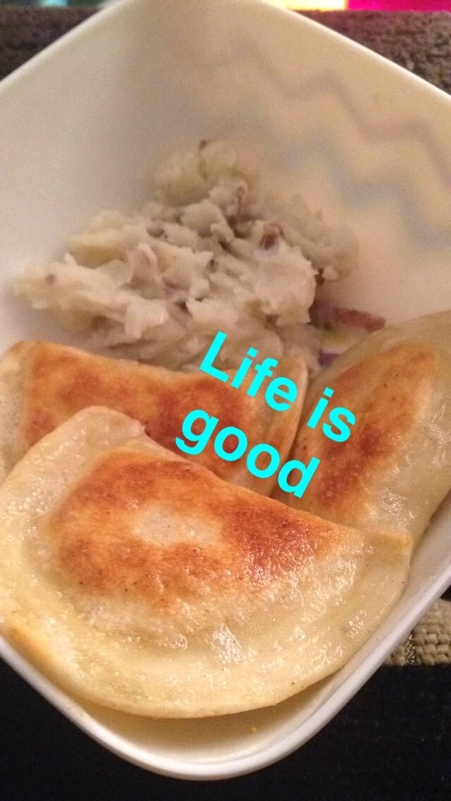 thankyou-bassgoddess:  Comfort food &lt;3 Mashed potatoes and pierogies.