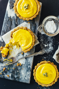 saltedtartine:  mango lassi greek yogurt tarts with almond crust.  I want to make this