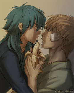 nymre:  NOIZ, EAT THE WHOLE BANANA. THE WHOLE THING. mochiiron asked my fave pairing from dmmd from a meme. so aoba/noiz! and i want to dedicate this to robin who invented banananoiz. thank you so much for existing i loev u  