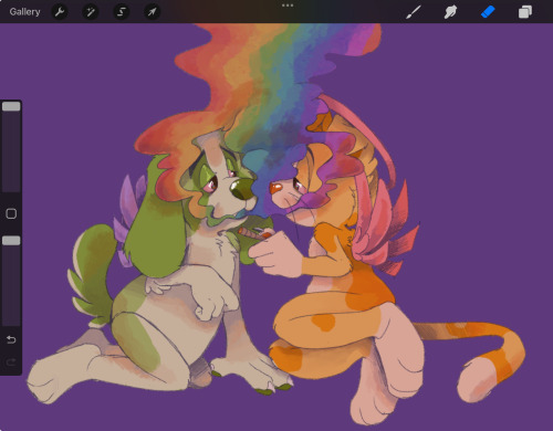 Digital sketch illustration of two cartoon animal angel characters, a green puppy and an orange kitty, shotgunning a blunt between one another. They are breathing out rainbow-coloured smoke