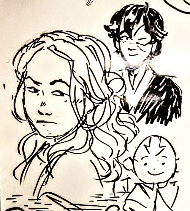 Whiteboard doodle of Katara, Zuko, and Aang.