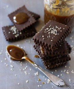 niftyncrafty:  Chocolate-Espresso &amp; Caramel Sandwich Cookies // Tutti Dolci These cookies already look amazing, and by simply drizzling them in caramel and sticking two together they instantly become 100% better. 